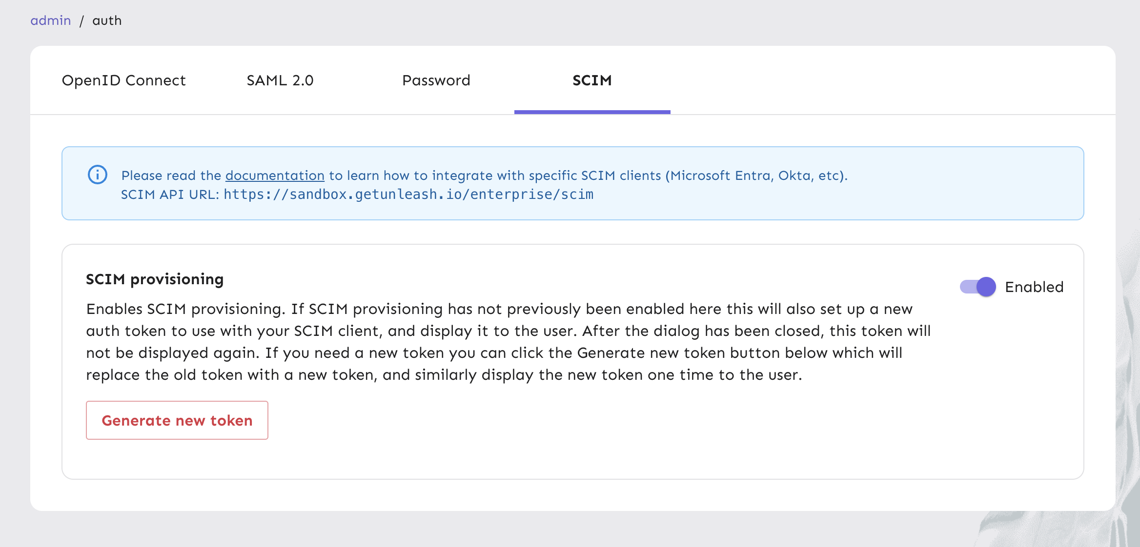 Turn the SCIM provisioning toggle on to enable SCIM.